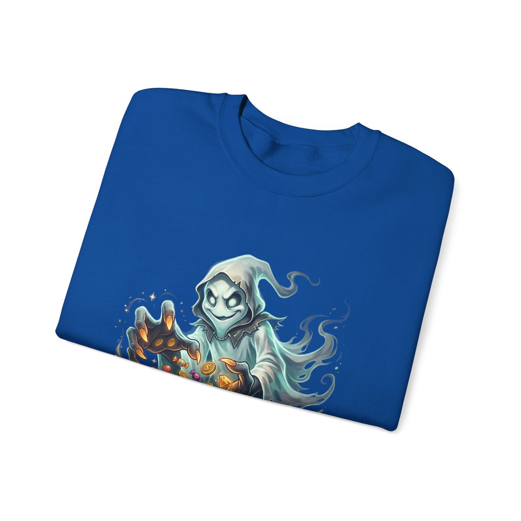 Treasure Ghost Halloween Crewneck Sweatshirt — Hooded Specter with Glowing Candy