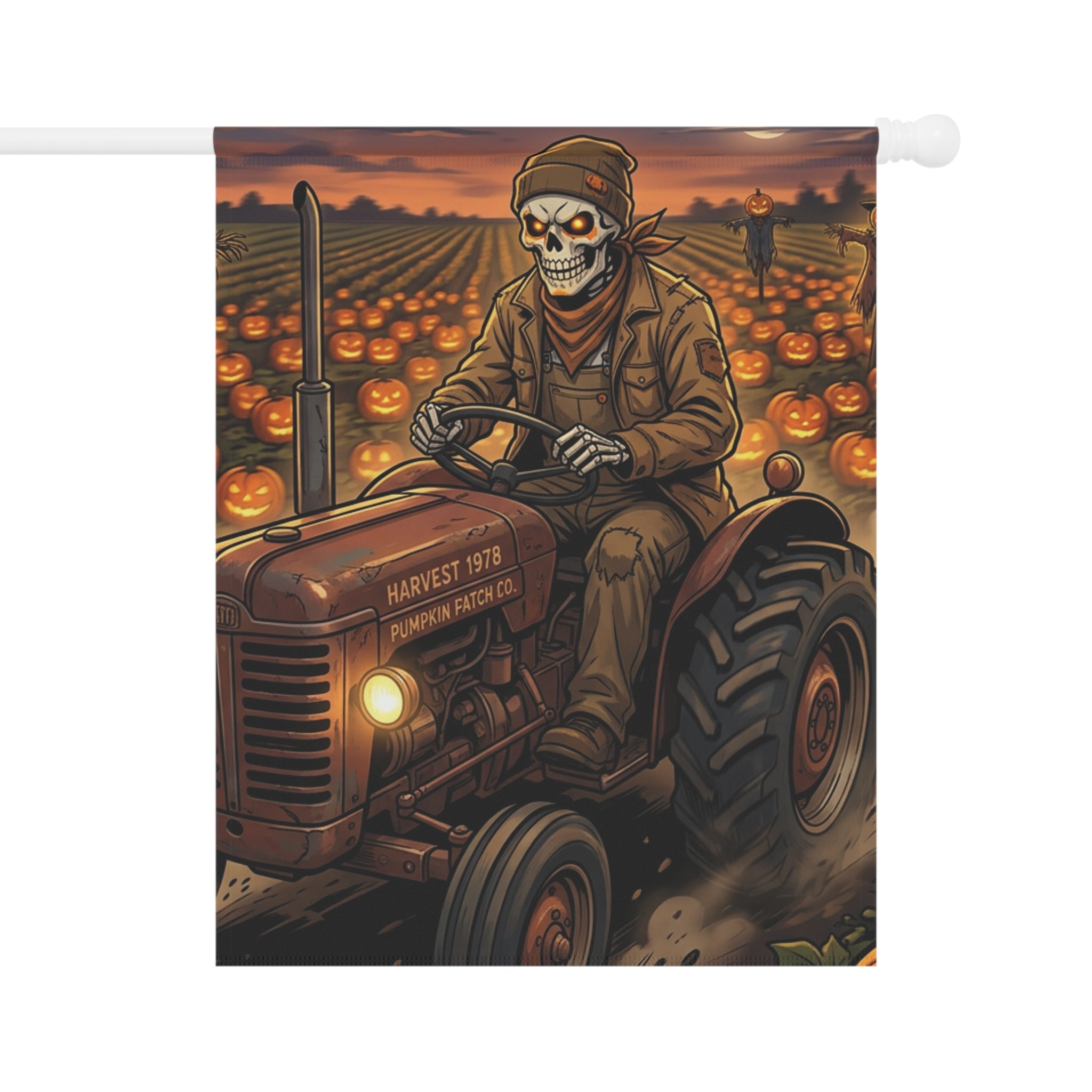 Halloween Pumpkin Patch Garden Flag – Skeleton Farmer on Tractor Fall Yard Banner