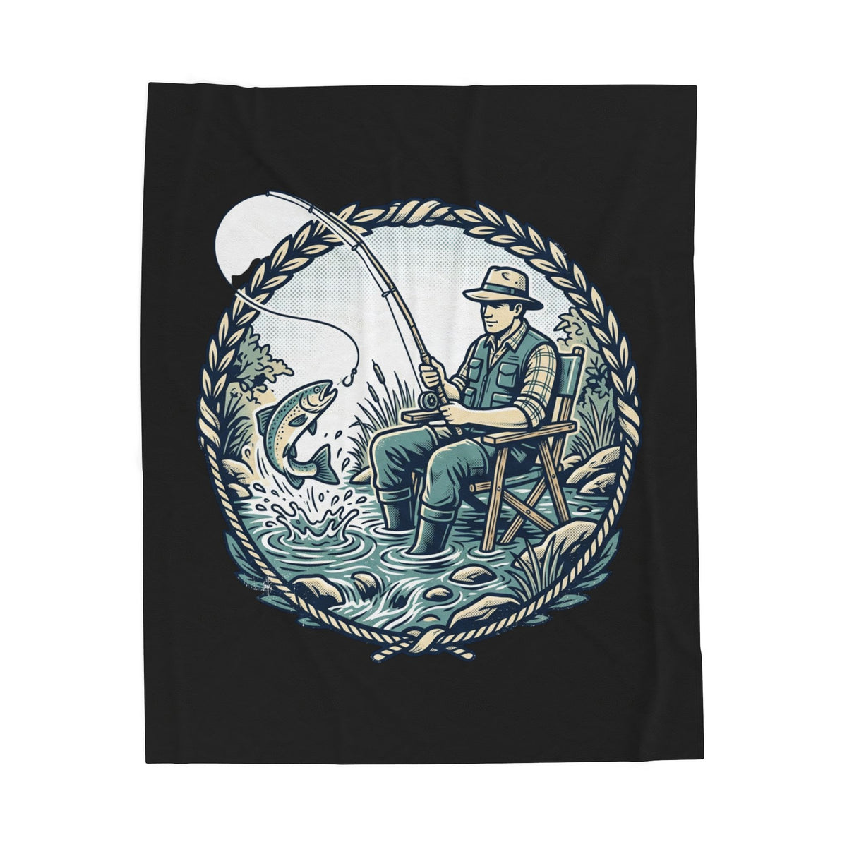 Vintage Fly Fishing Angler Velveteen Plush Blanket