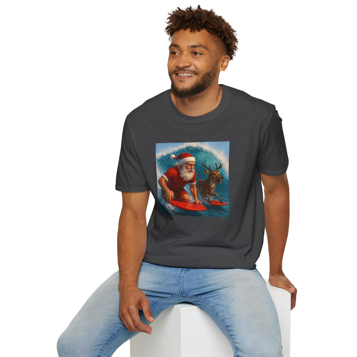 Santa Surfing T-Shirt — Retro Santa and Reindeer Surf Holiday Tee
