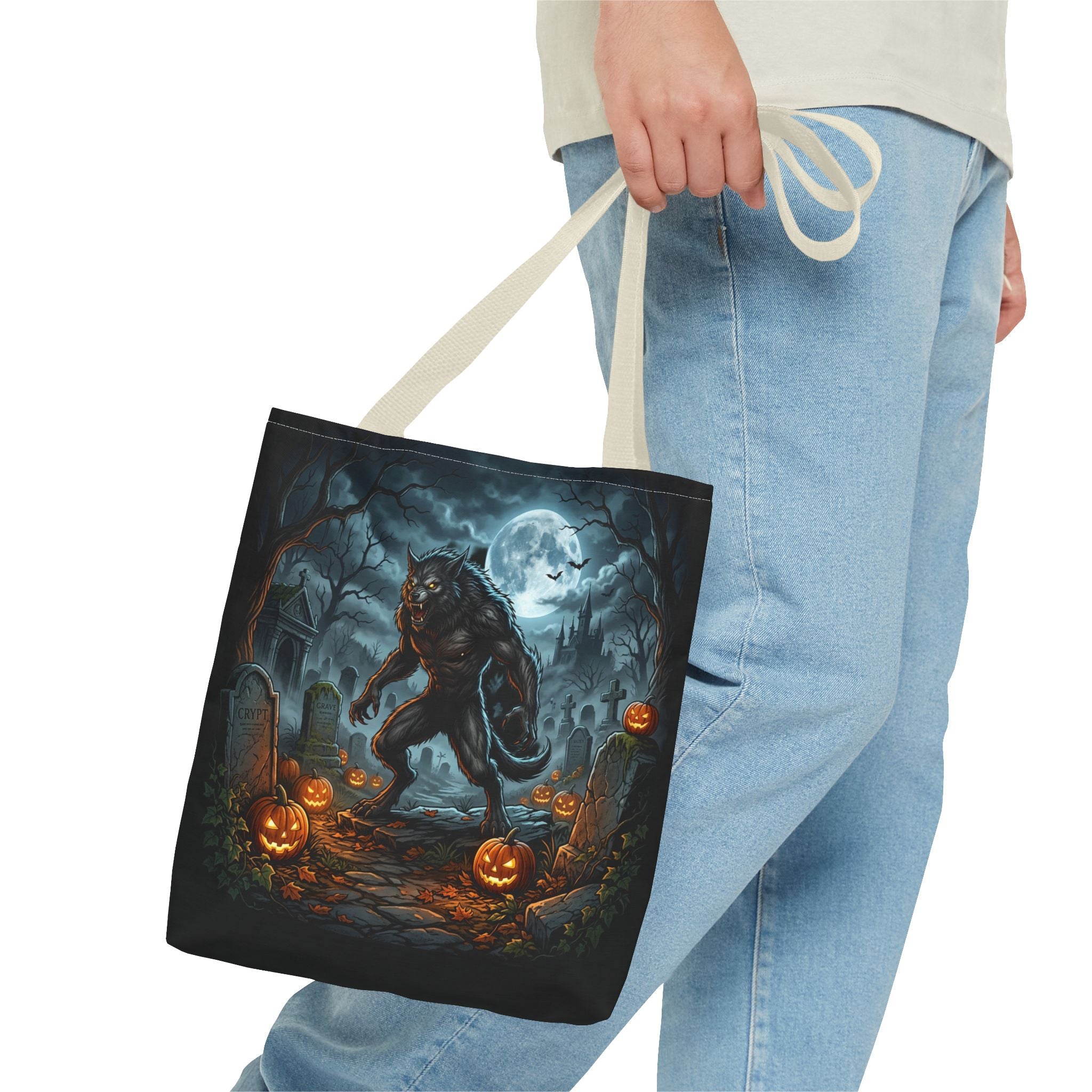 Halloween Werewolf Tote Bag – Spooky Graveyard Pumpkin Night Market Tote