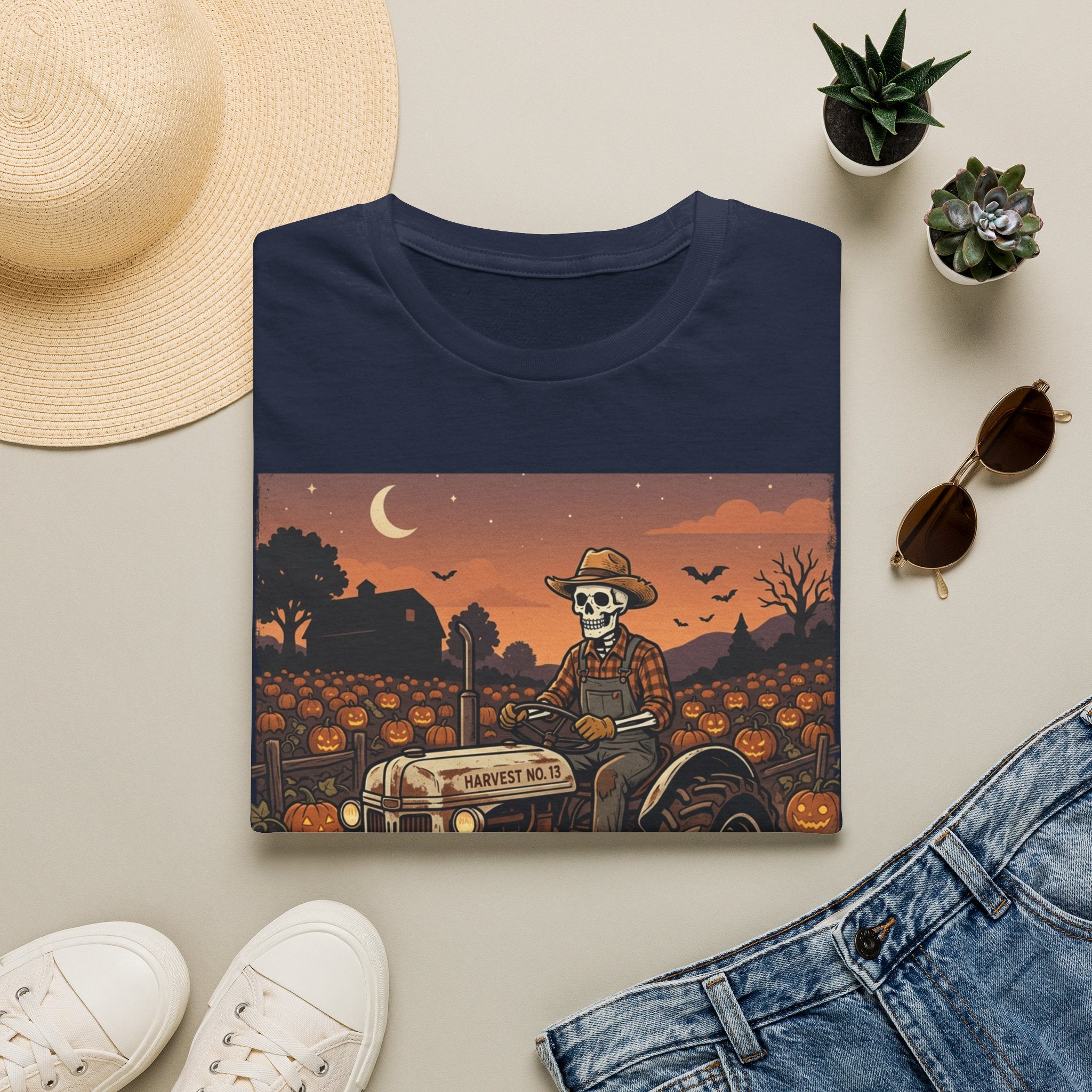 Skeleton Farmer Pumpkin Patch T‑Shirt — Harvest Moon Halloween Tee