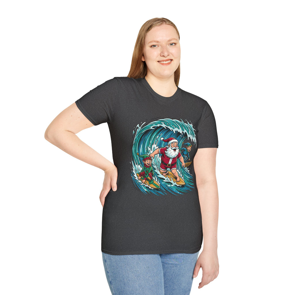 Surfing Santa T-Shirt — Christmas Beach Holiday Tee