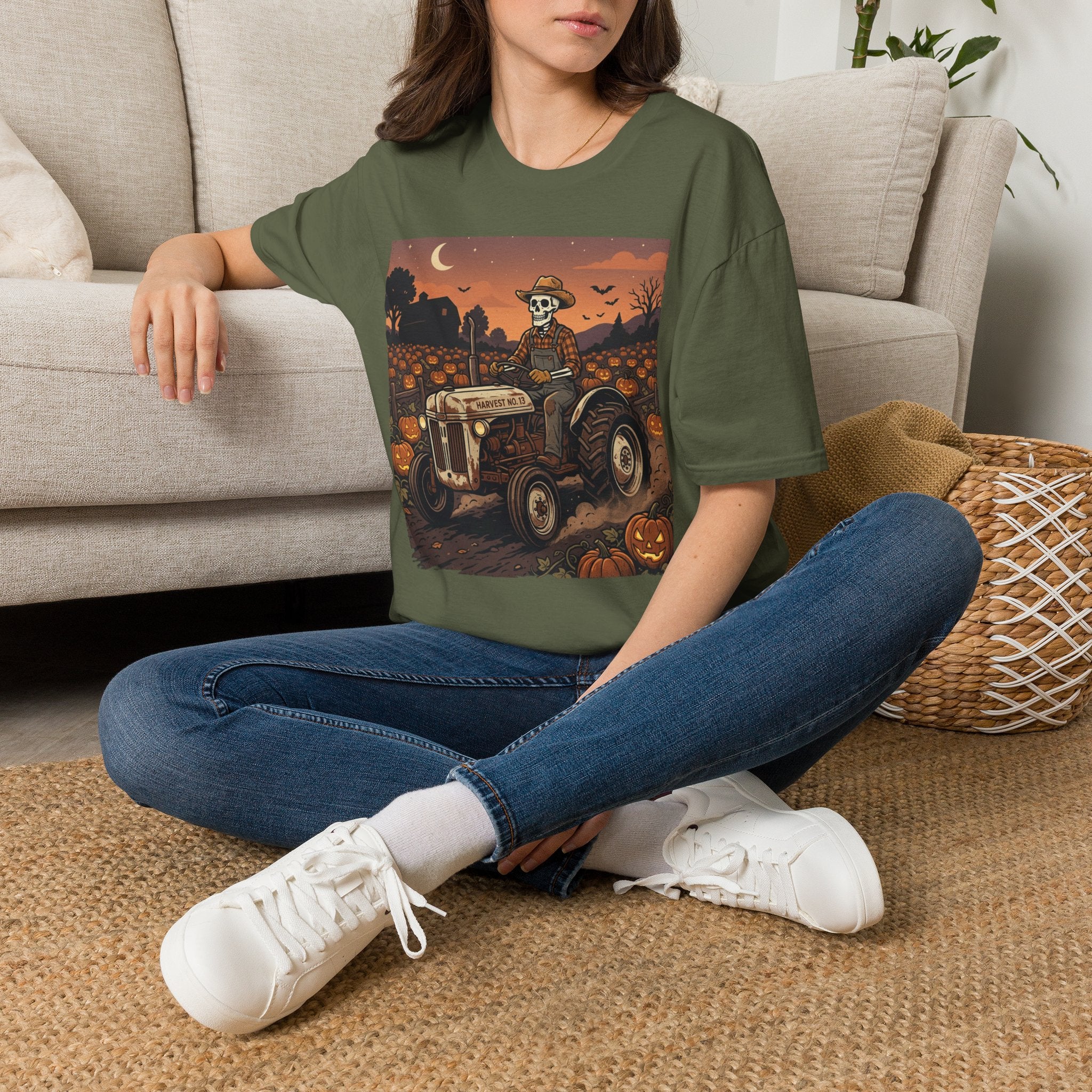 Skeleton Farmer Pumpkin Patch T‑Shirt — Harvest Moon Halloween Tee
