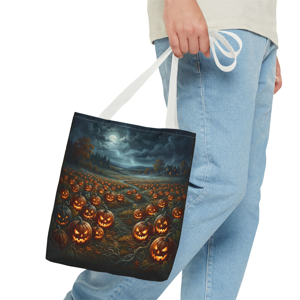 Halloween Pumpkin Field Tote Bag — Spooky Jack-O'-Lantern All-Over Print