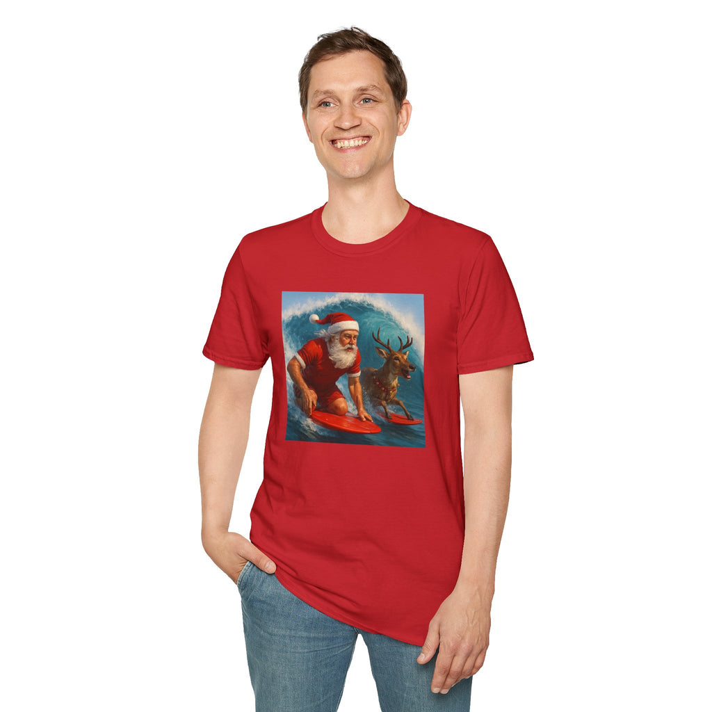Santa Surfing T-Shirt — Retro Santa and Reindeer Surf Holiday Tee
