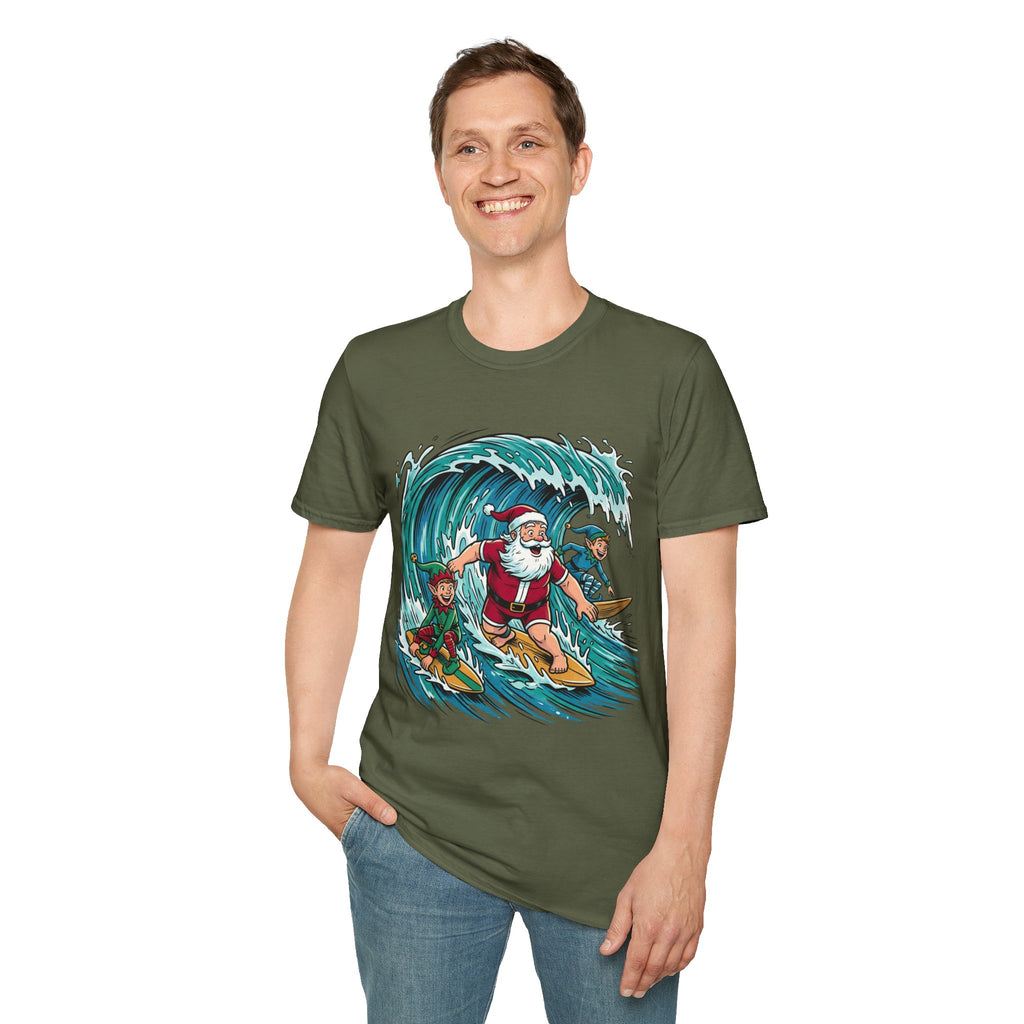 Surfing Santa T-Shirt — Christmas Beach Holiday Tee