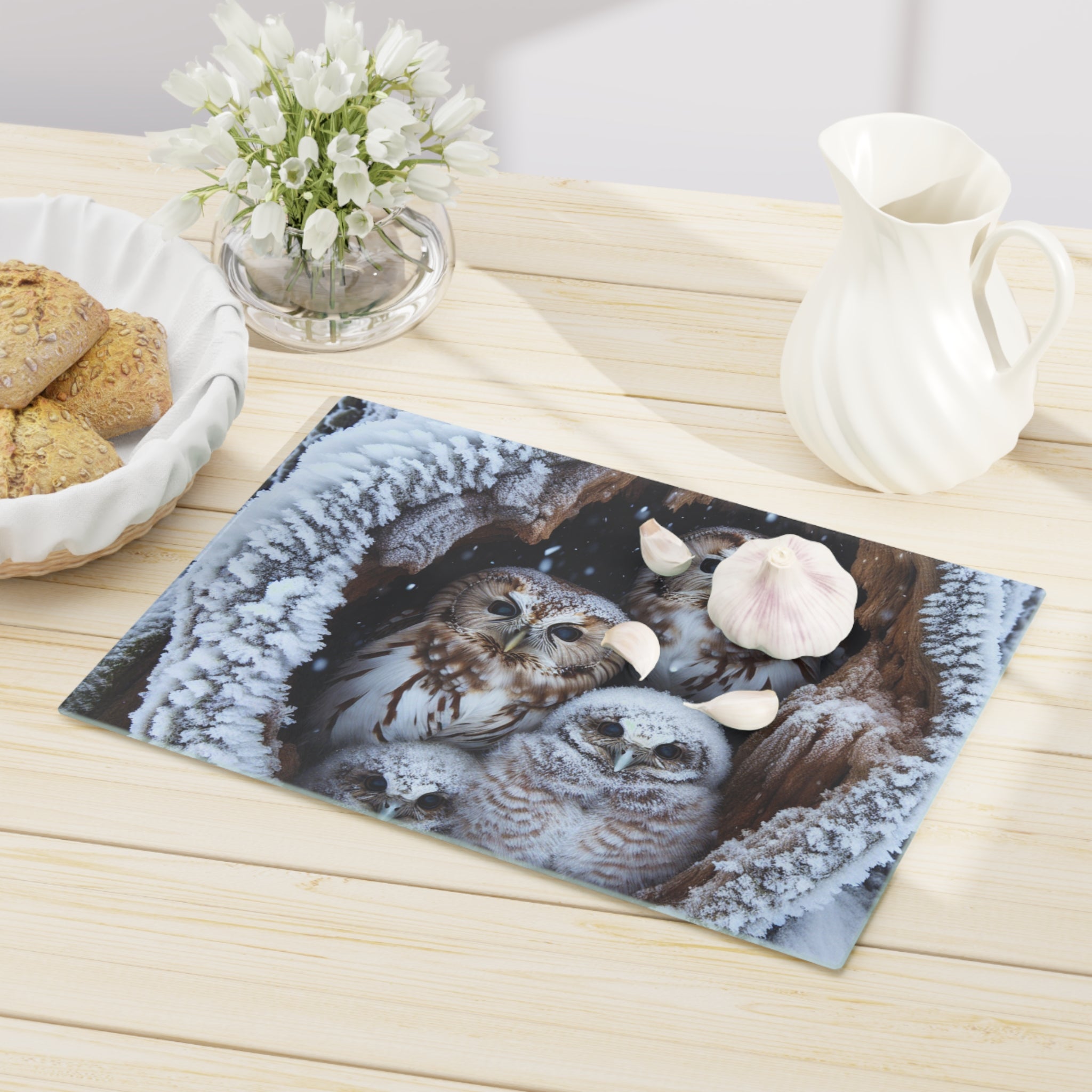Owl Family Winter Cutting Board — Snowy Woodland Kitchen Decor