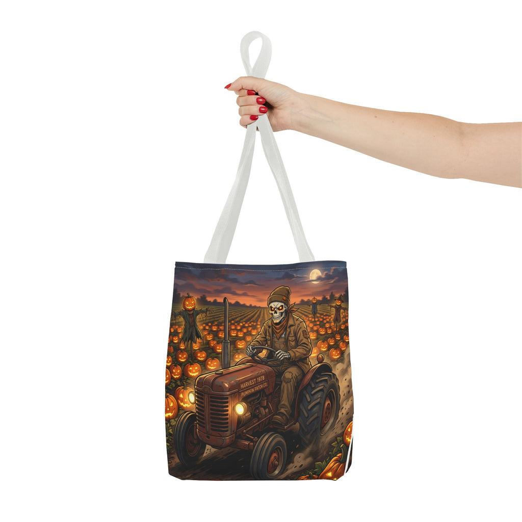 Halloween Pumpkin Field Tote — Skeletal Farmer on Tractor AOP Tote Bag