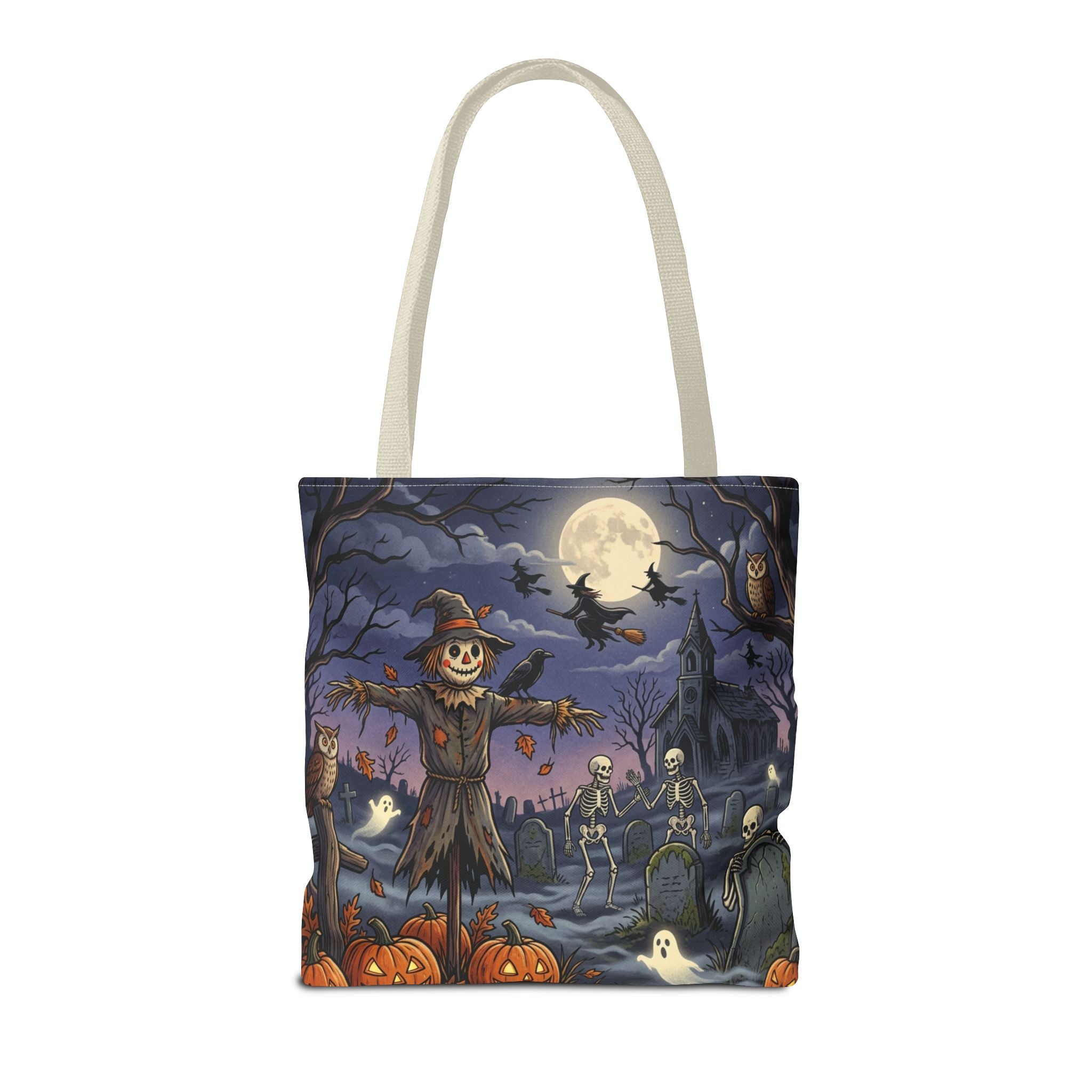 Halloween Haunted Night Tote Bag – Spooky Scarecrow & Skeletons All-Over Print
