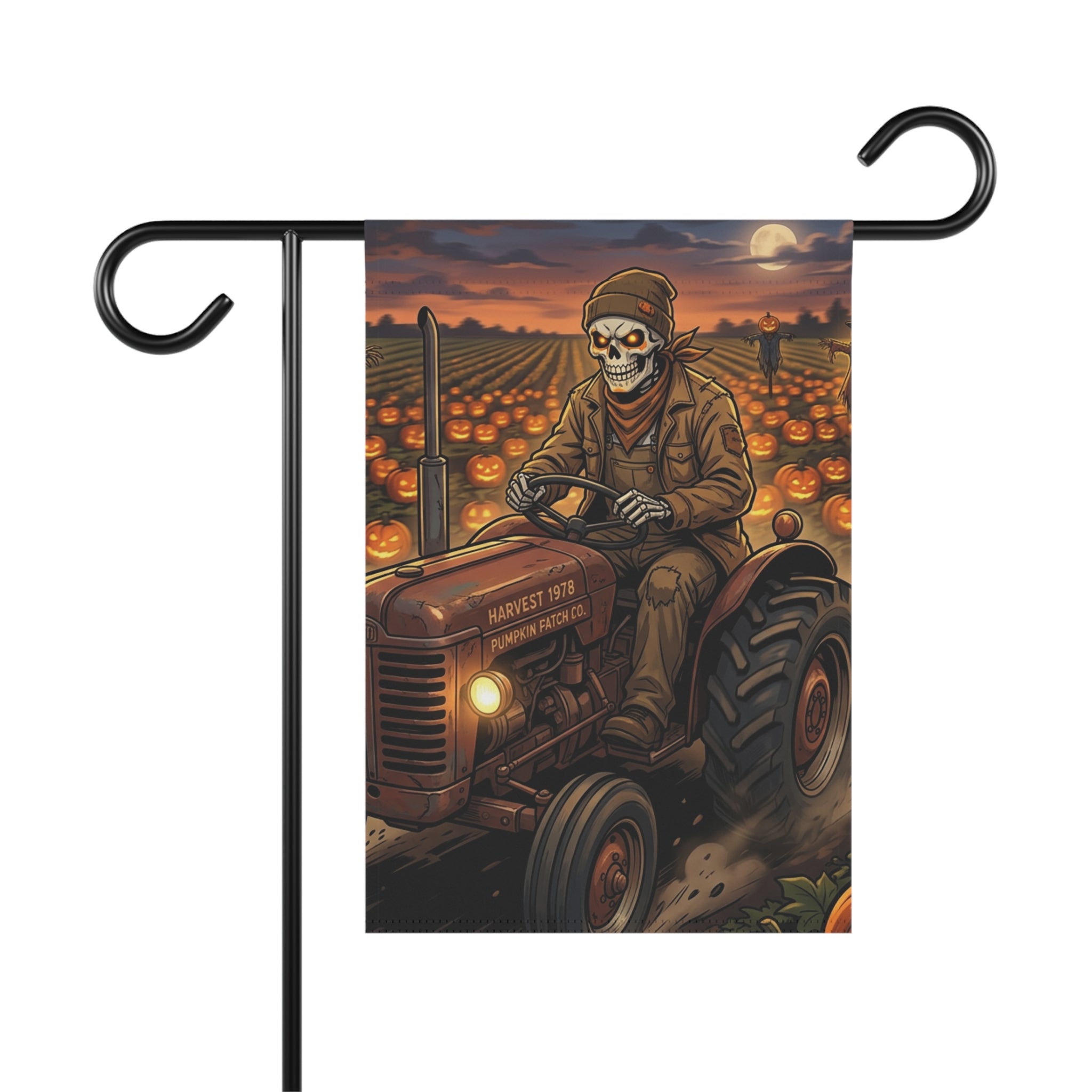 Halloween Pumpkin Patch Garden Flag – Skeleton Farmer on Tractor Fall Yard Banner
