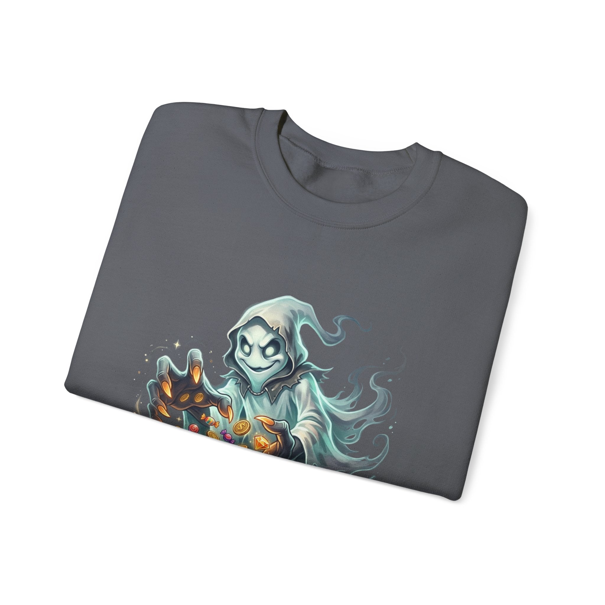 Treasure Ghost Halloween Crewneck Sweatshirt — Hooded Specter with Glowing Candy