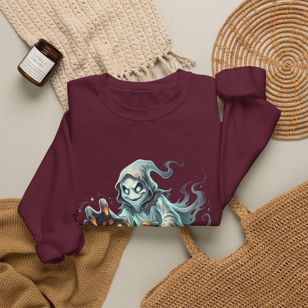 Treasure Ghost Halloween Crewneck Sweatshirt — Hooded Specter with Glowing Candy