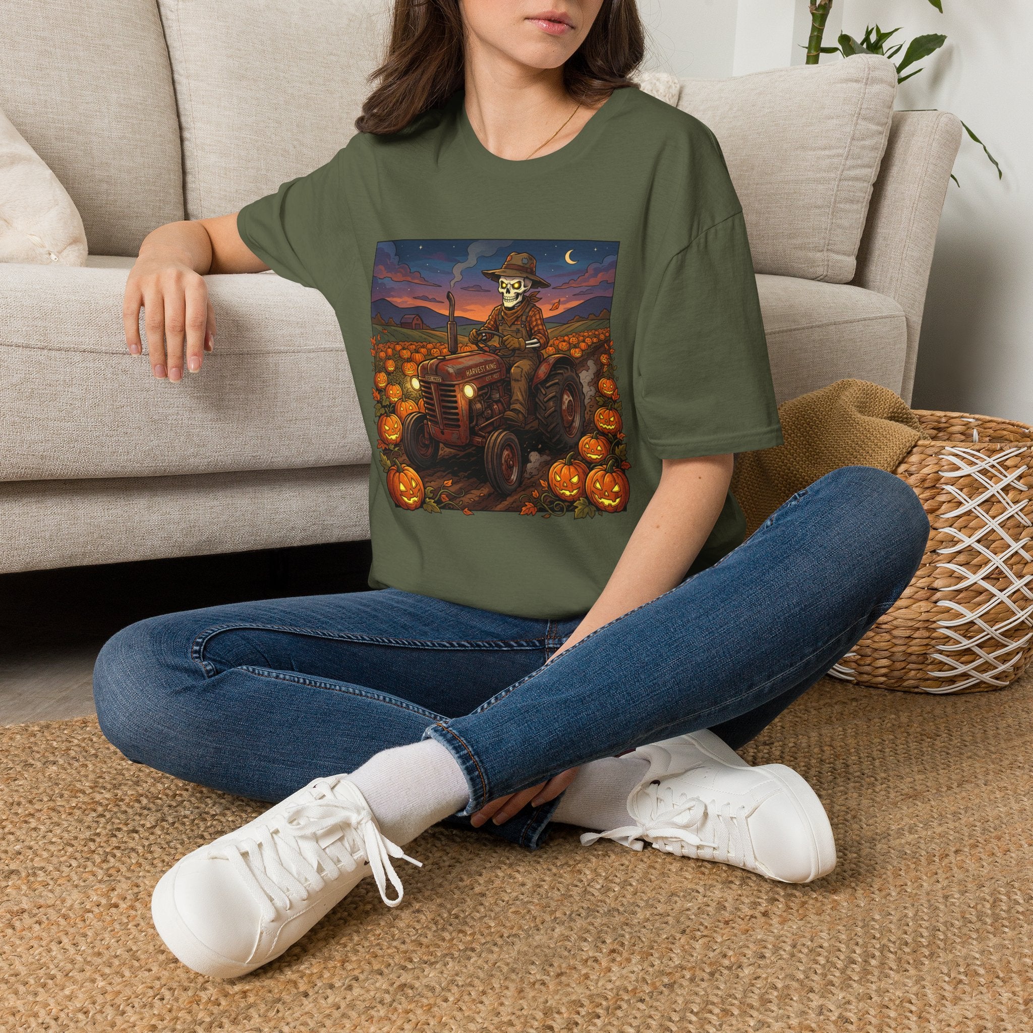 Halloween Pumpkin Farm T‑Shirt — Skeleton Farmer on Tractor Design