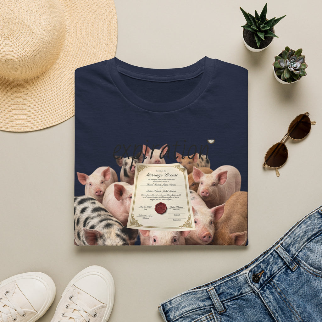 Pig Adoption Certificate T-Shirt — "Expiration Date" Cute Farm Piglet Tee