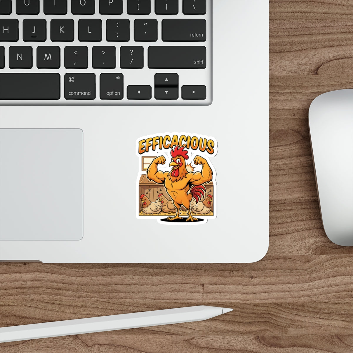 Efficacious Rooster Die-Cut Sticker — Funny Muscular Chicken Farm Humor Sticker