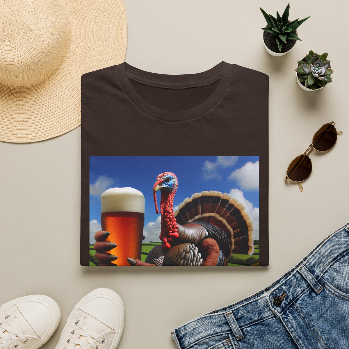 Thankful Turkey Beer T-Shirt — Funny Thanksgiving Turkey Holding Pint Tee