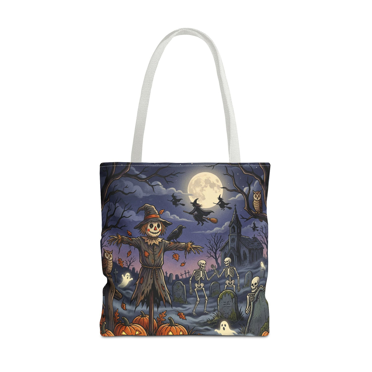 Halloween Haunted Night Tote Bag – Spooky Scarecrow & Skeletons All-Over Print