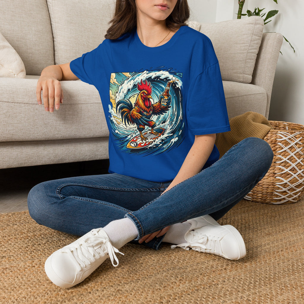 Surfing Rooster T-Shirt — Vintage Wave Rooster Holding Beer Graphic Tee