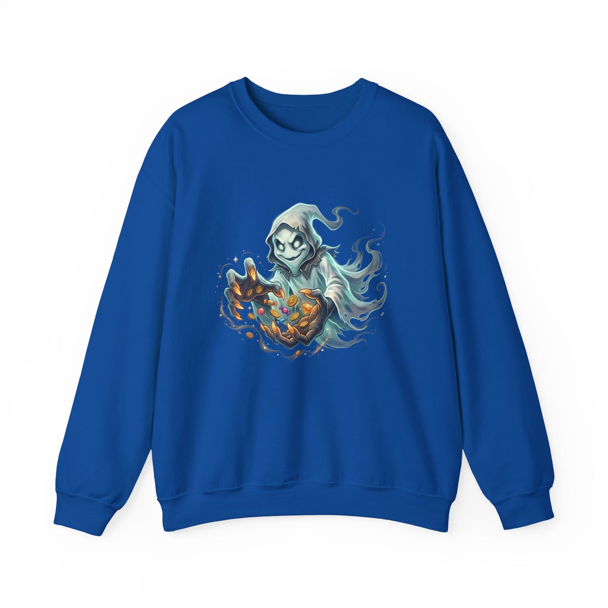 Treasure Ghost Halloween Crewneck Sweatshirt — Hooded Specter with Glowing Candy