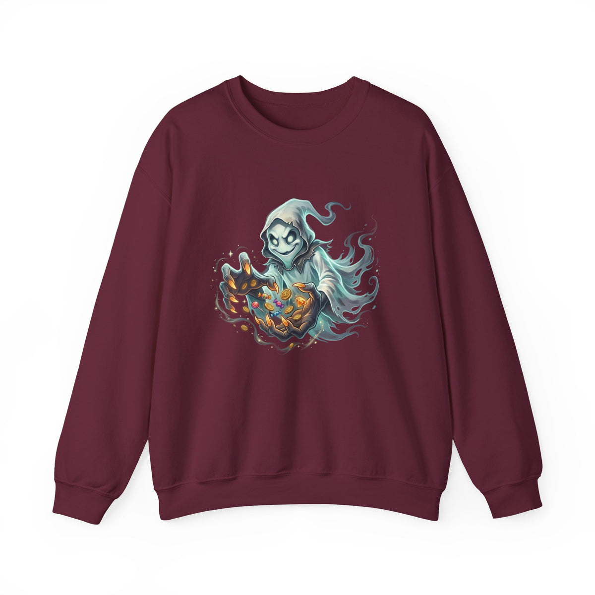 Treasure Ghost Halloween Crewneck Sweatshirt — Hooded Specter with Glowing Candy
