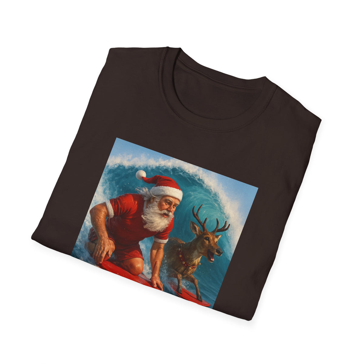 Santa Surfing T-Shirt — Retro Santa and Reindeer Surf Holiday Tee