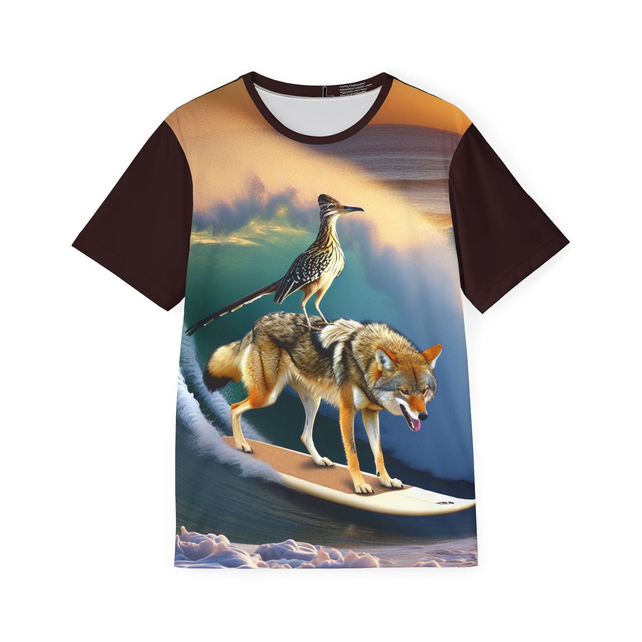 Surfing Coyote & Roadrunner Men’s Sports Jersey — All-Over Print Tropical Wave Tee
