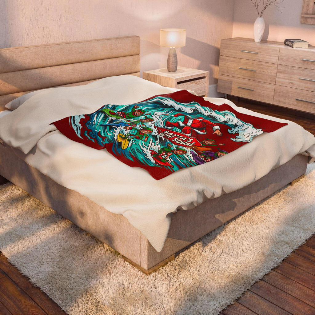 Christmas Surf Blanket — "Santa's Surf Squad" Velveteen Throw