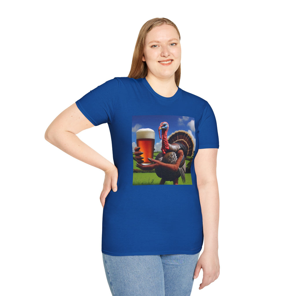 Thankful Turkey Beer T-Shirt — Funny Thanksgiving Turkey Holding Pint Tee