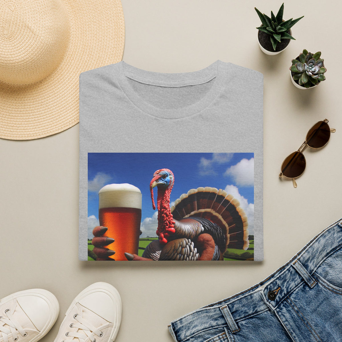 Thankful Turkey Beer T-Shirt — Funny Thanksgiving Turkey Holding Pint Tee