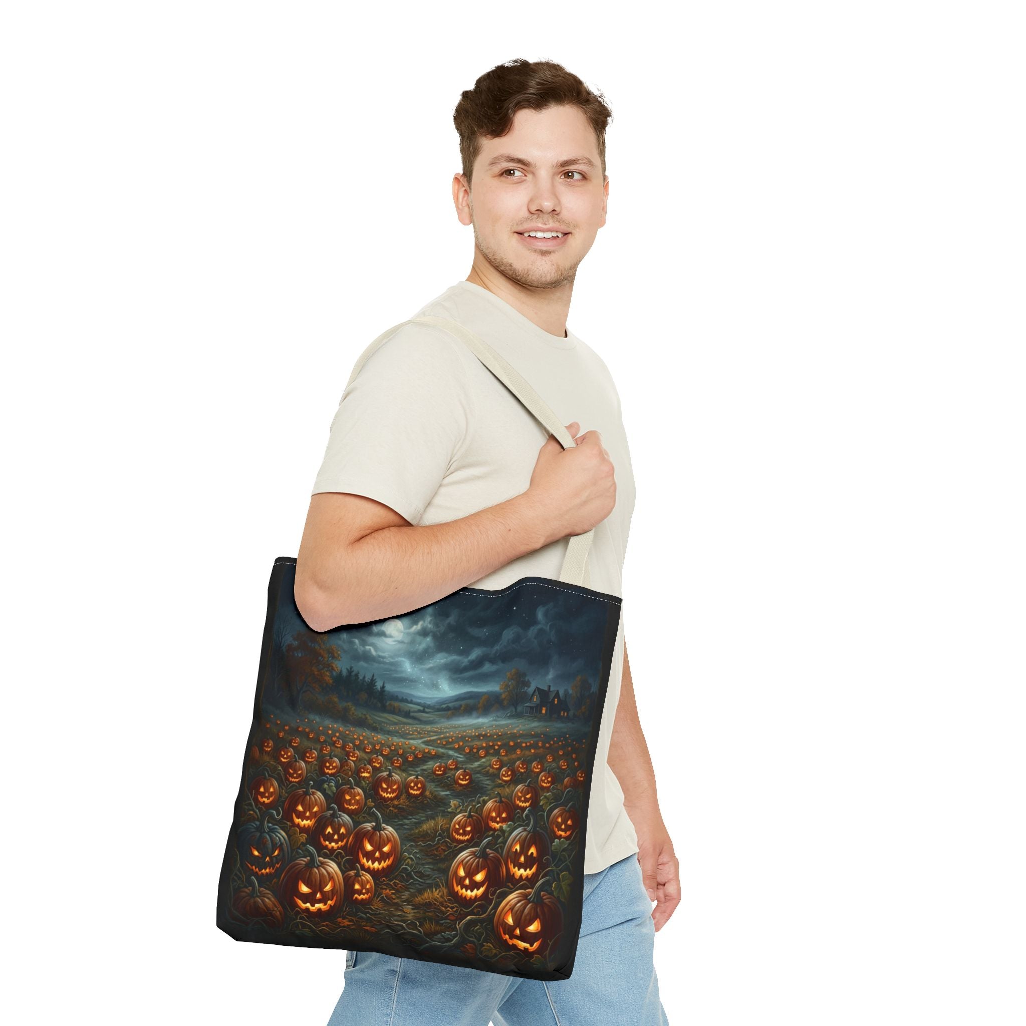 Halloween Pumpkin Field Tote Bag — Spooky Jack-O'-Lantern All-Over Print