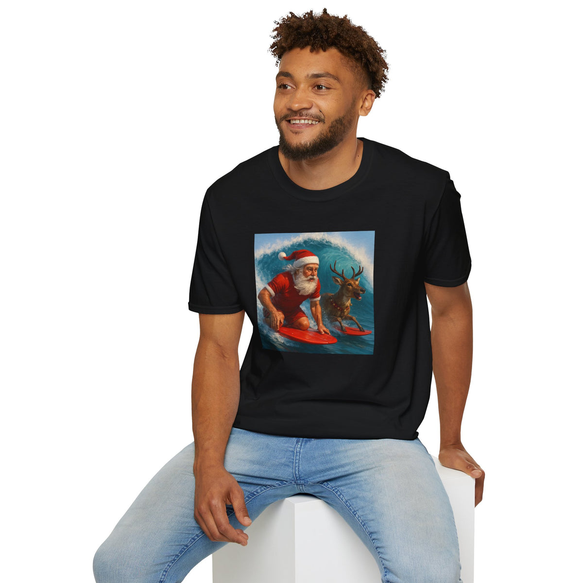 Santa Surfing T-Shirt — Retro Santa and Reindeer Surf Holiday Tee