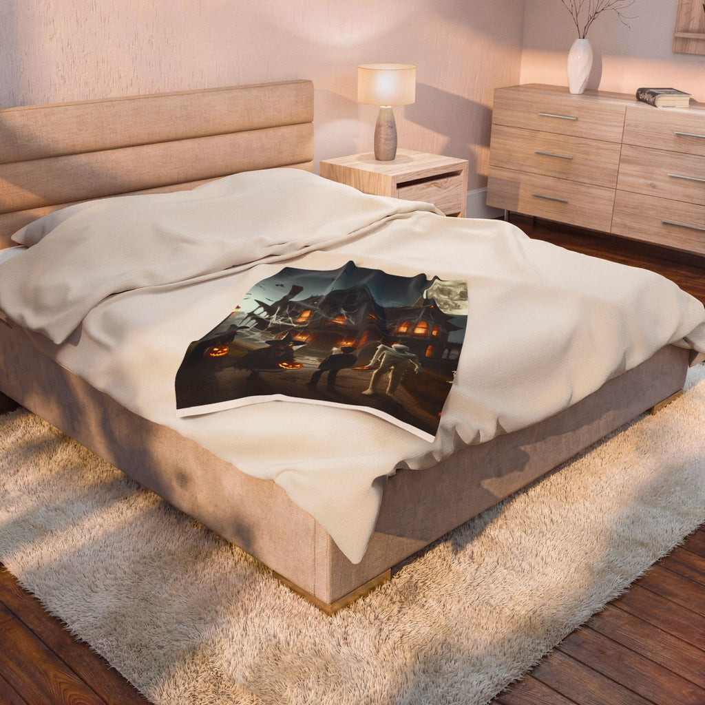 Haunted House Trick-or-Treat Halloween Velveteen Plush Blanket