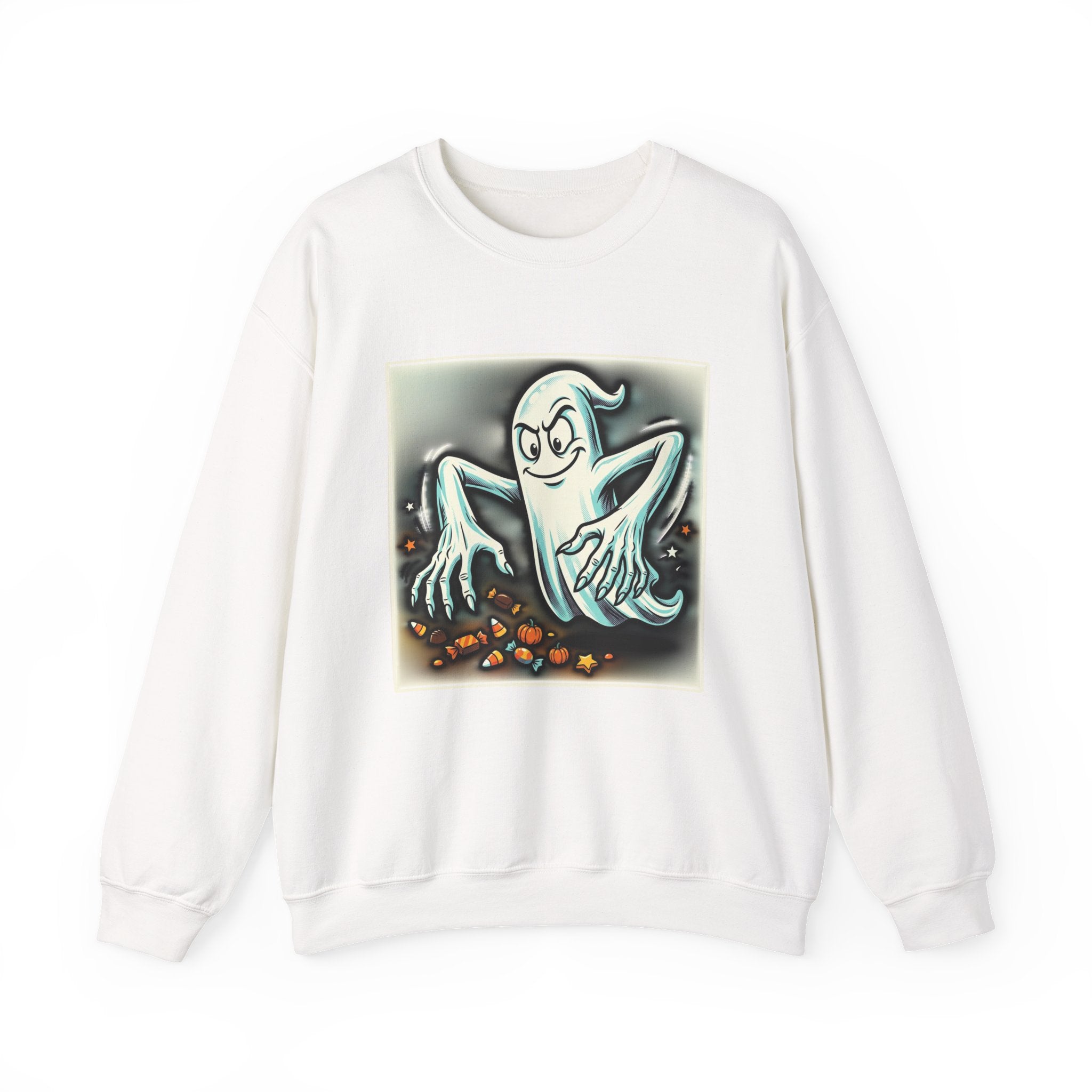 Candy Ghost Halloween Crewneck Sweatshirt — Retro Spooky Ghost with Candy Corn