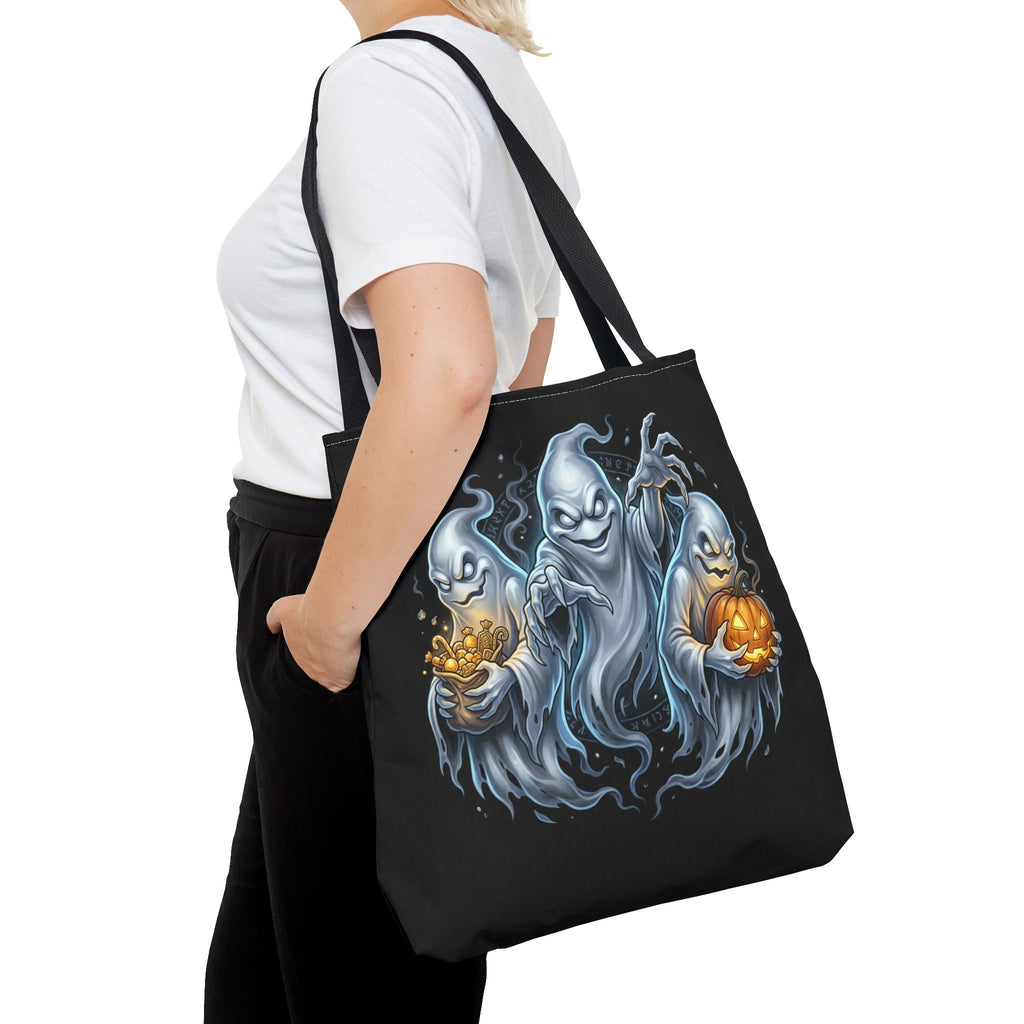 Halloween Ghost Trio Tote Bag — Spooky Pumpkin Trick-or-Treat AOP Tote