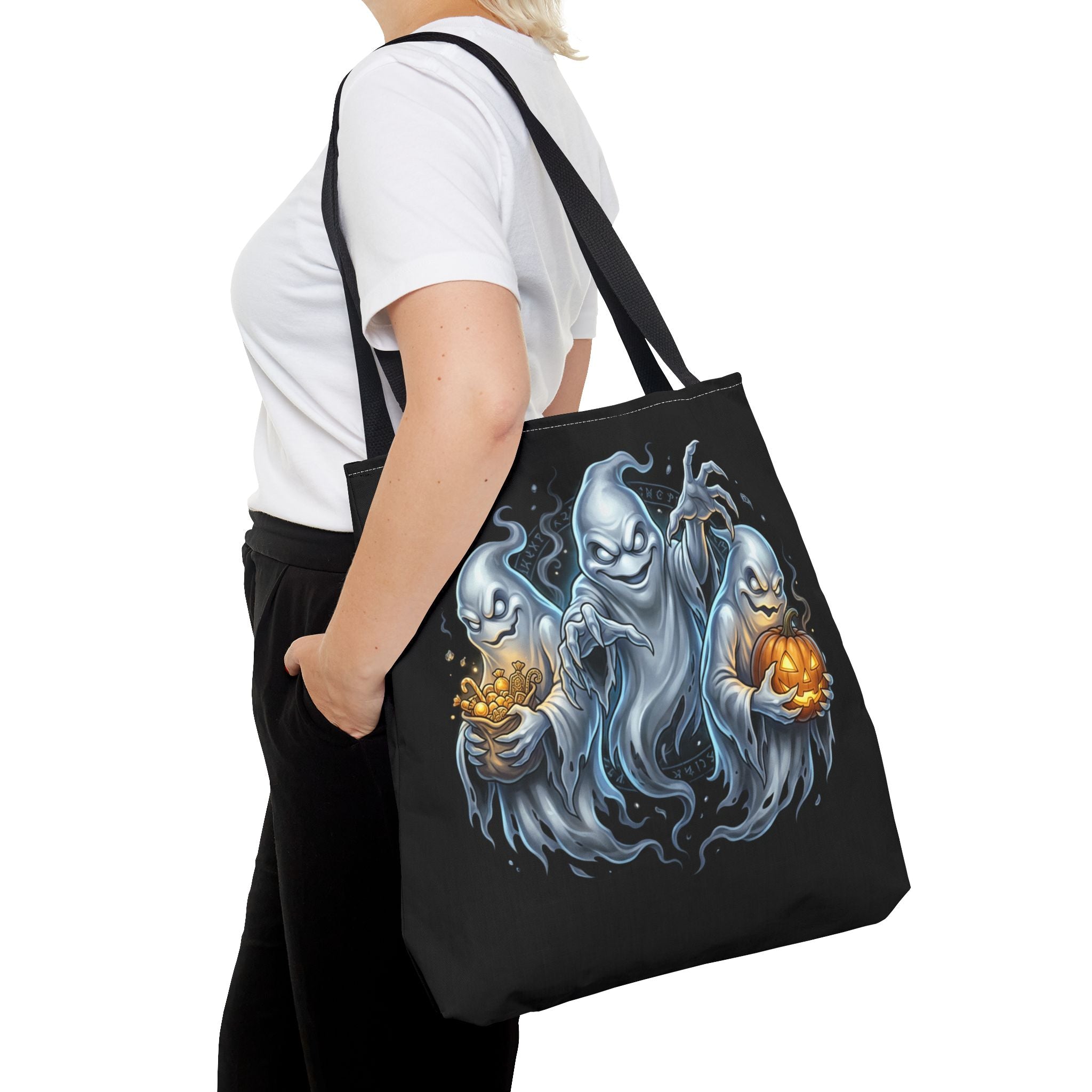 Halloween Ghost Trio Tote Bag — Spooky Pumpkin Trick-or-Treat AOP Tote