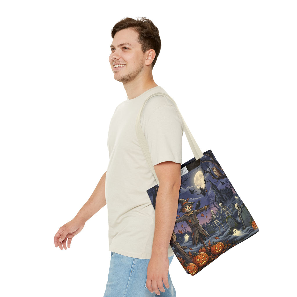 Halloween Haunted Night Tote Bag – Spooky Scarecrow & Skeletons All-Over Print