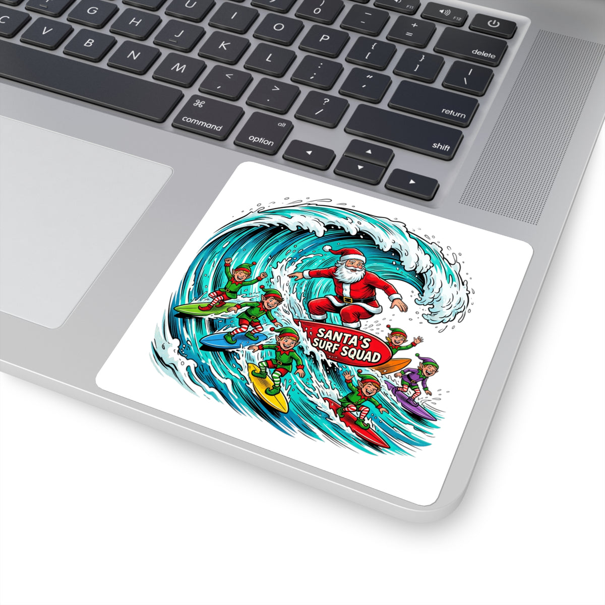 Santa’s Surf Squad Square Sticker — Festive Christmas Surfing Elves Decal