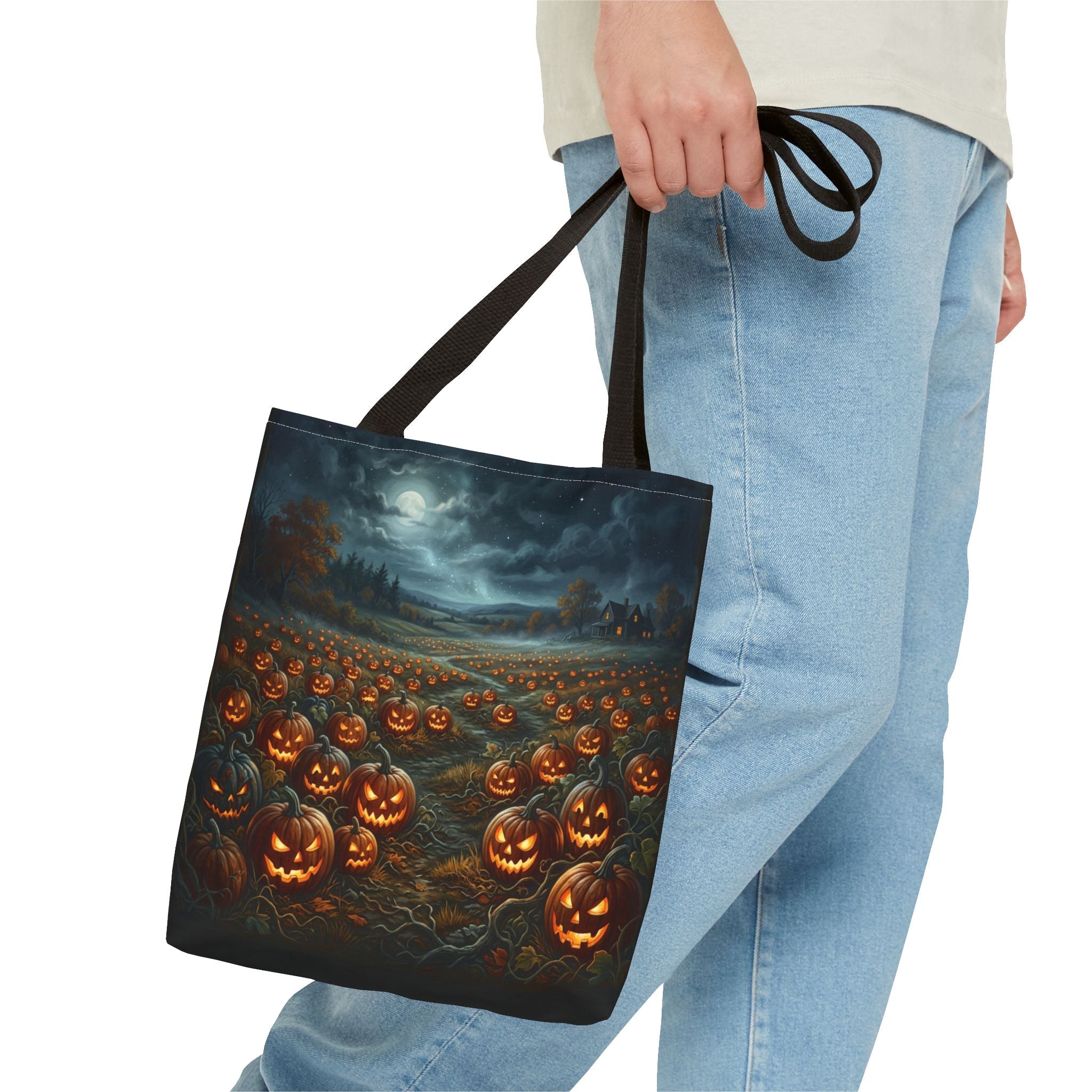 Halloween Pumpkin Field Tote Bag — Spooky Jack-O'-Lantern All-Over Print