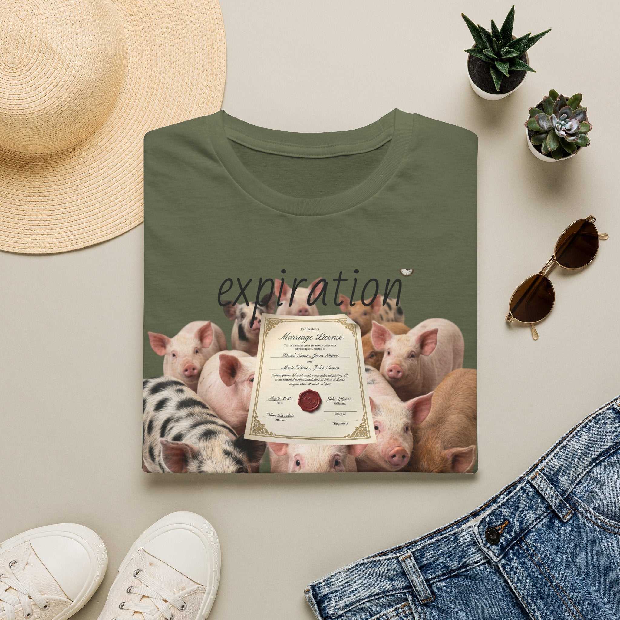 Pig Adoption Certificate T-Shirt — "Expiration Date" Cute Farm Piglet Tee