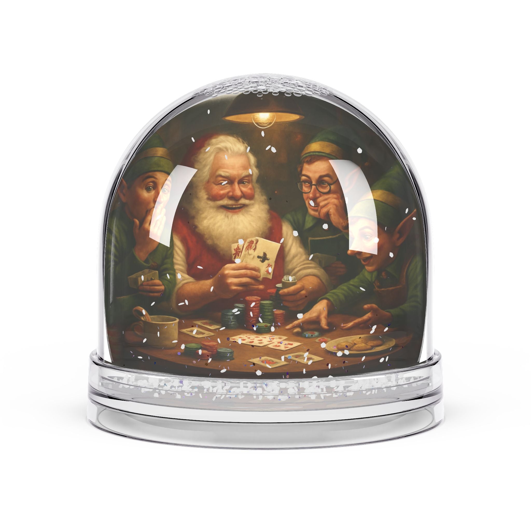 Christmas Snow Globe – Santa and Elves Playing Cards Decorative Holiday Globe