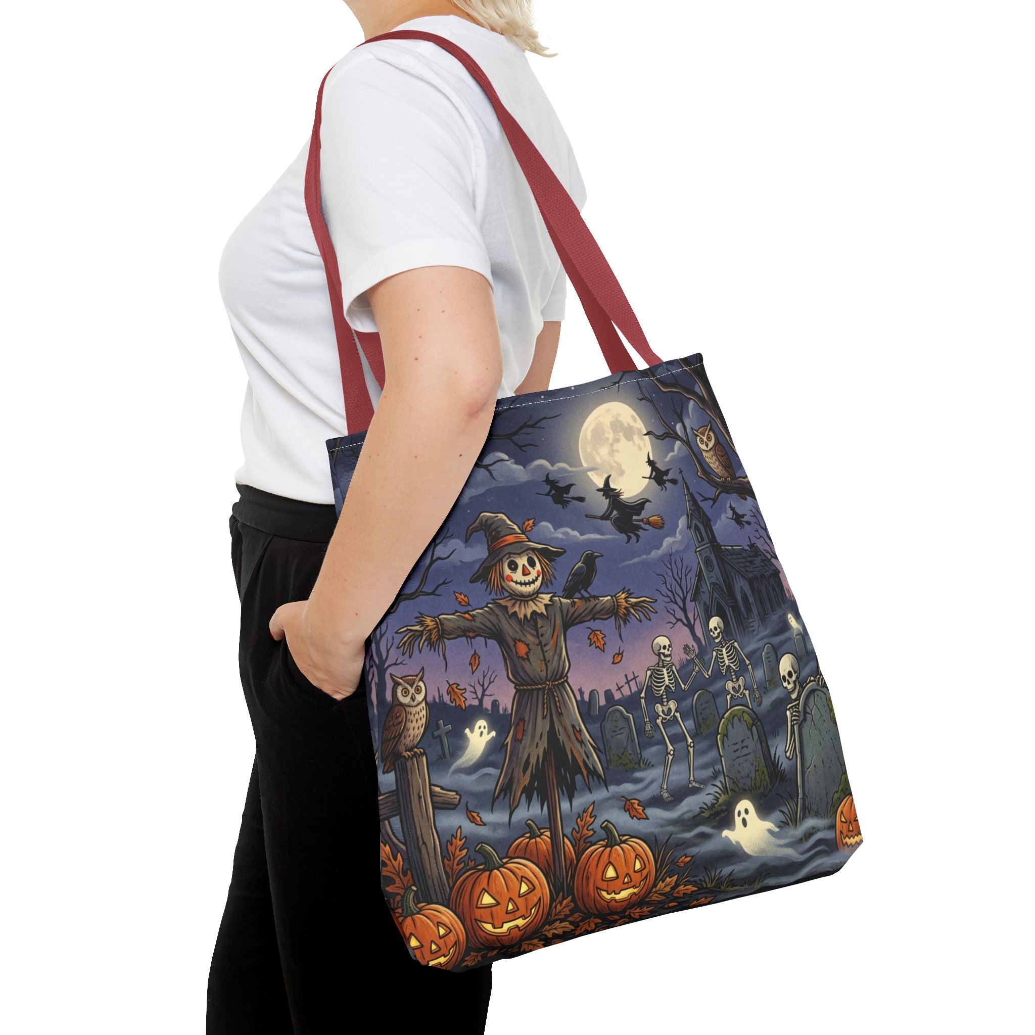 Halloween Haunted Night Tote Bag – Spooky Scarecrow & Skeletons All-Over Print