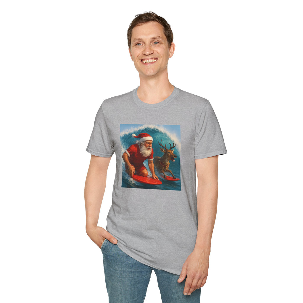 Santa Surfing T-Shirt — Retro Santa and Reindeer Surf Holiday Tee