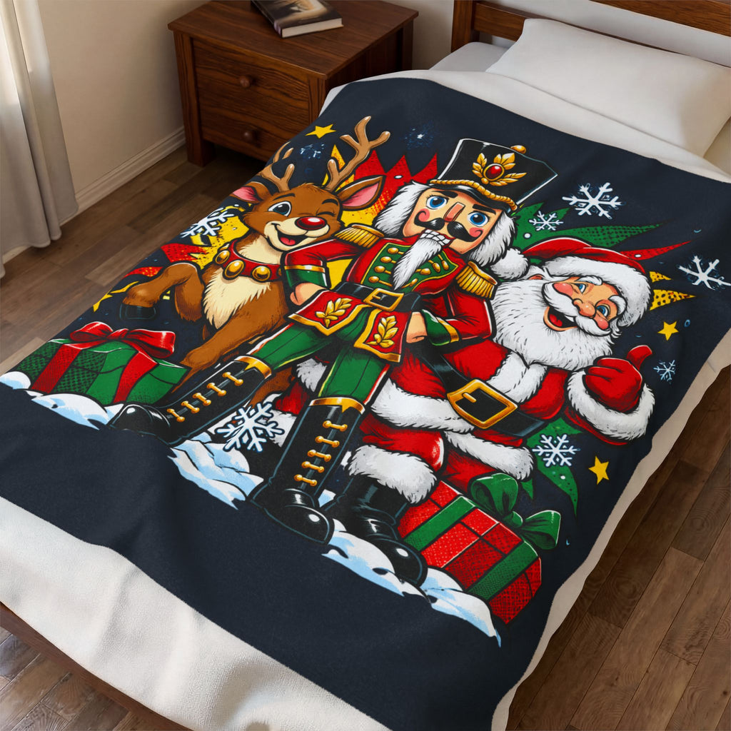 Christmas Nutcracker, Santa & Reindeer Velveteen Plush Blanket