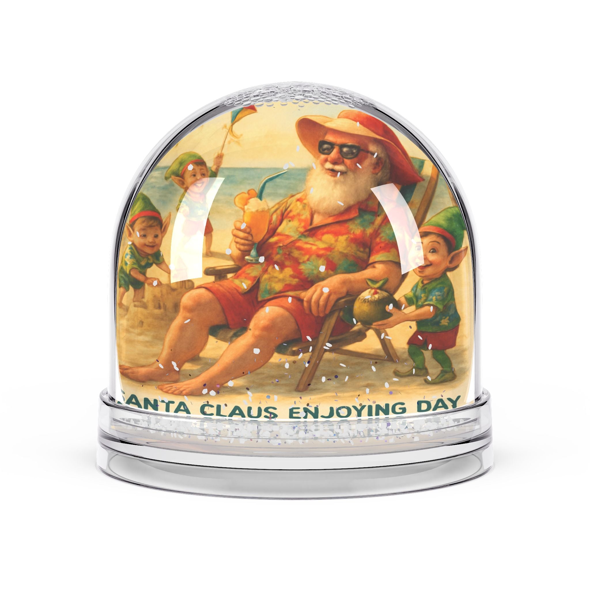 Santa on Vacation Snow Globe — Vintage Beach Holiday Decor