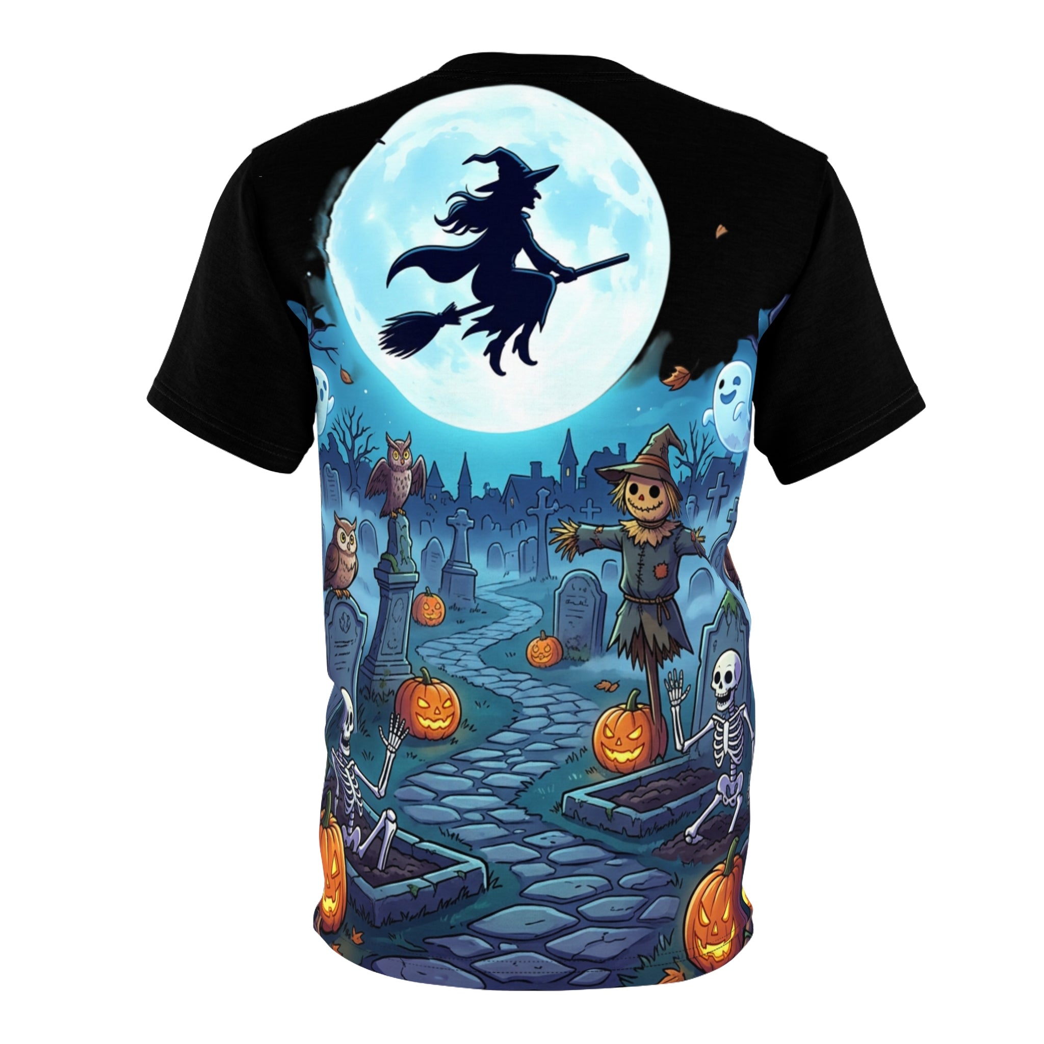 Halloween Graveyard Tee — Witch, Pumpkins & Scarecrow All-Over Print