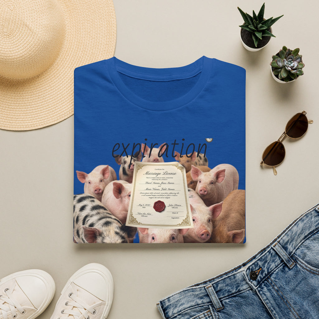 Pig Adoption Certificate T-Shirt — "Expiration Date" Cute Farm Piglet Tee