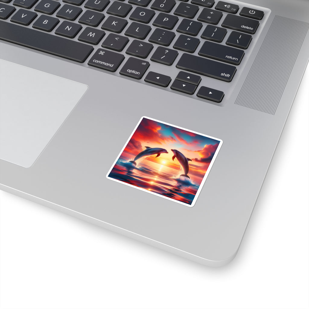 Dolphin Sunset Square Sticker — Vibrant Ocean Sunset Laptop Decal