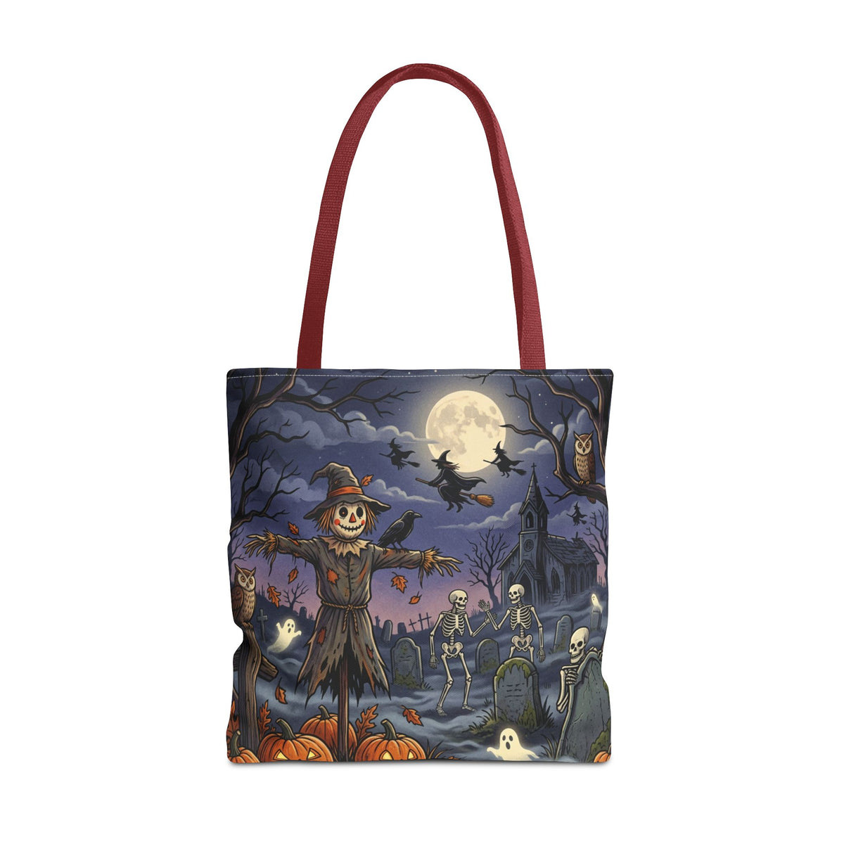 Halloween Haunted Night Tote Bag – Spooky Scarecrow & Skeletons All-Over Print
