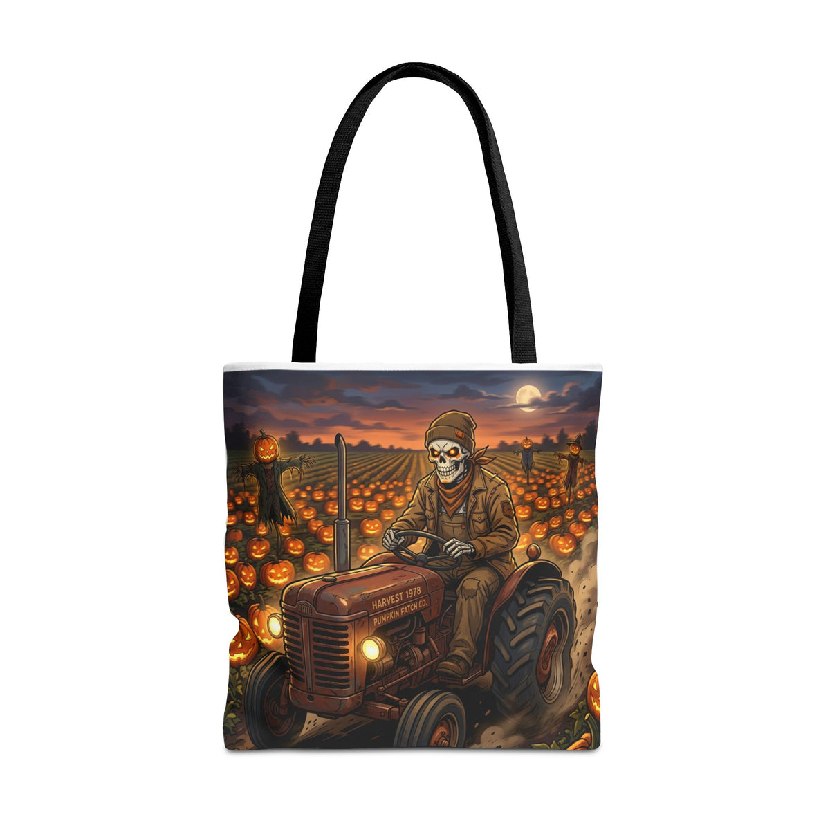 Halloween Pumpkin Field Tote — Skeletal Farmer on Tractor AOP Tote Bag